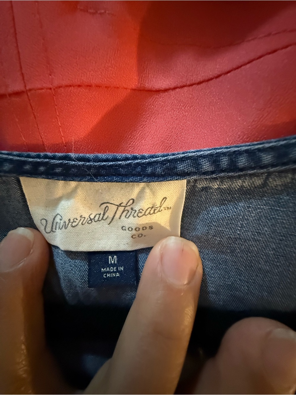 Universal Thread Denim Top in Medium Blue with Coral Lining